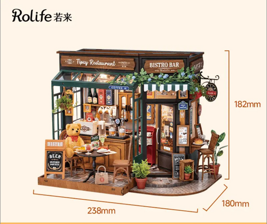 Robotime Rolife Tipsy Restaurant Miniature Dollhouse 3D Wooden Puzzle Bistro Bar Design Gifts for Family Home Decoration Toys