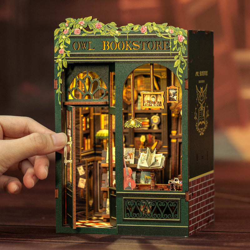 CUTEBEE DIY Book Nook Kit Miniature Dollhouse with Light Wooden Bookshelf Insert Retro Booknook Decor for Gifts Bookshop Series