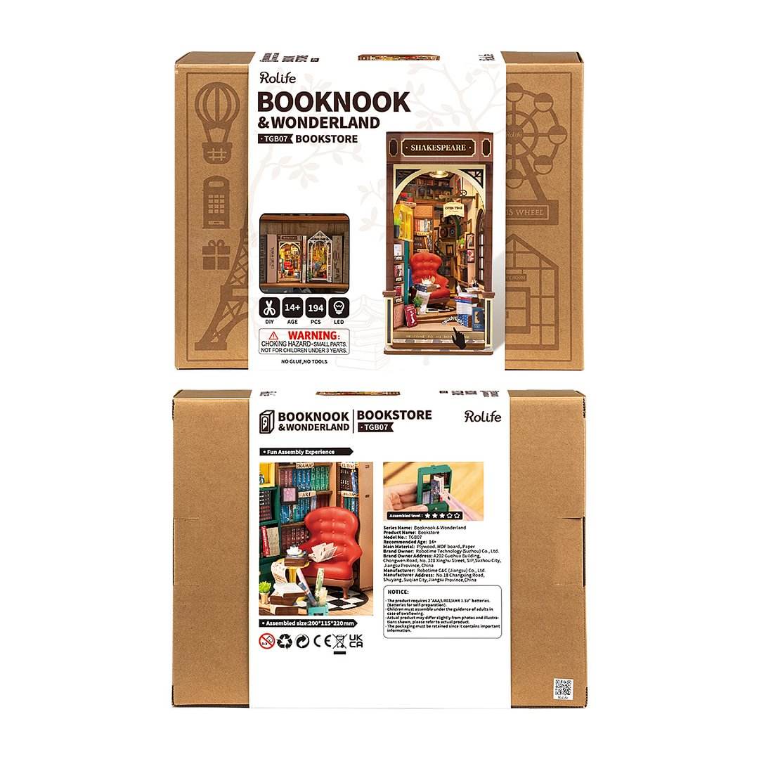 Robotime Rolife TGB07 Bookstore DIY Book Nook Shelf Insert Kit Bookends 3D Wooden Puzzles Miniature House Book Nooks