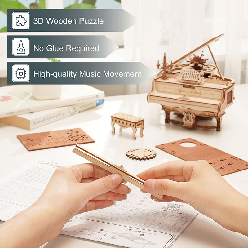 Robotime Rokr Tiktok Hot Selling Diy Toys AMK81 Magic Piano Mechanical Music Box Model Kit 3D Wooden Puzzles