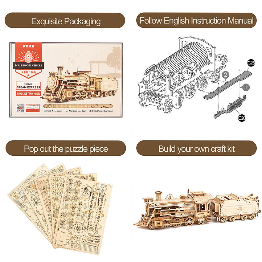 China Toy Factory Robotime Rokr MC501 Mechanical Train Model Wooden 3D Puzzles For Adults