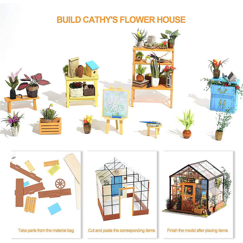 Assembled Toys DG104 Kathy's Green House 3D Wooden Puzzles DIY Miniature House Kit