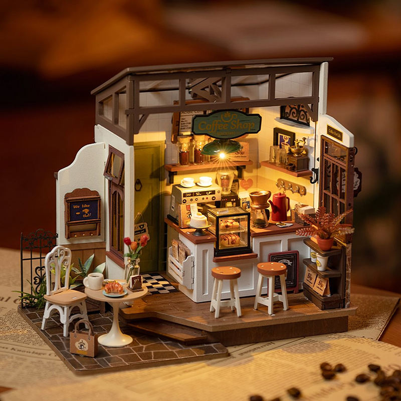 Robotime Rolife No.17 Café Miniature House Kit for Kids Adults DIY Dollhouse 3D Wooden Assembly Building Toys Home Decoration