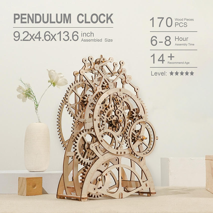 CPC Certificated Robotime Rokr Educational Toys LK501 Pendulum Clock Mechanical Model 3D Wooden Puzzles