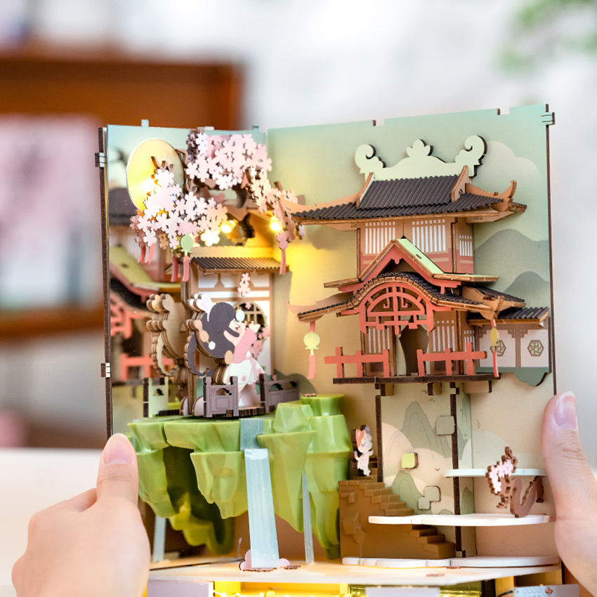 Robotime Rolife Contact Get 25% off 3D Wooden Puzzles TGB05 Falling Sakura Book Nook DIY Miniature Doll House