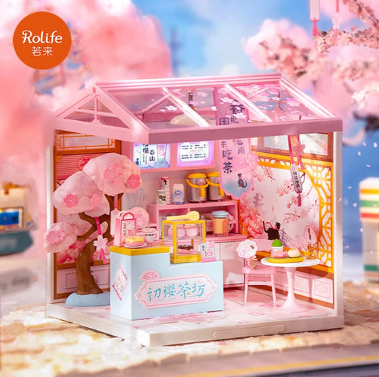 DWZ02 Sakura tea houese Robotime Rolife Plastic DIY Miniature House Kit Plastic Doll House Building Set Toy