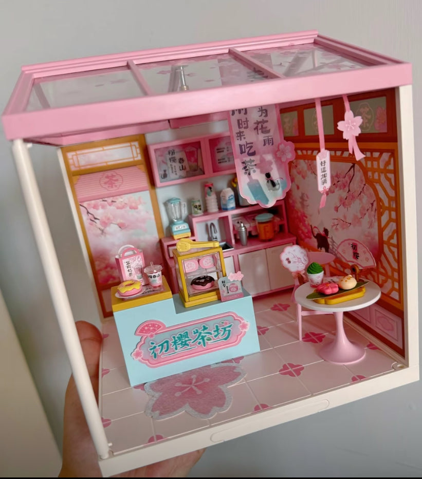 DWZ02 Sakura tea houese Robotime Rolife Plastic DIY Miniature House Kit Plastic Doll House Building Set Toy