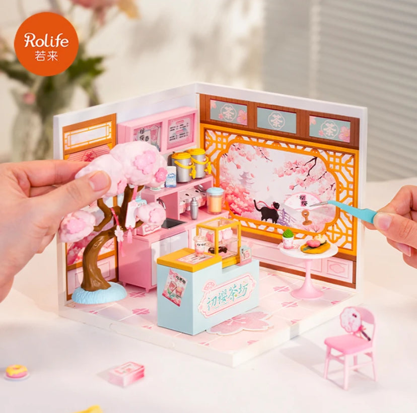 DWZ02 Sakura tea houese Robotime Rolife Plastic DIY Miniature House Kit Plastic Doll House Building Set Toy