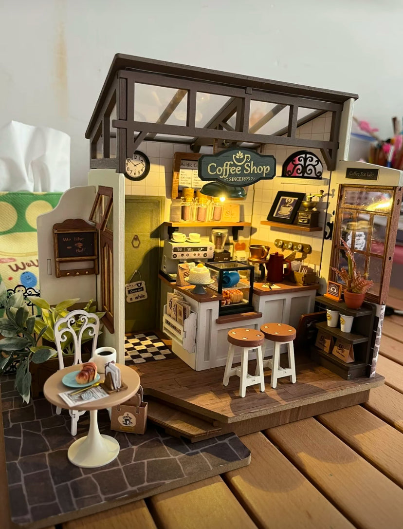 Robotime Rolife No.17 Café Miniature House Kit for Kids Adults DIY Dollhouse 3D Wooden Assembly Building Toys Home Decoration