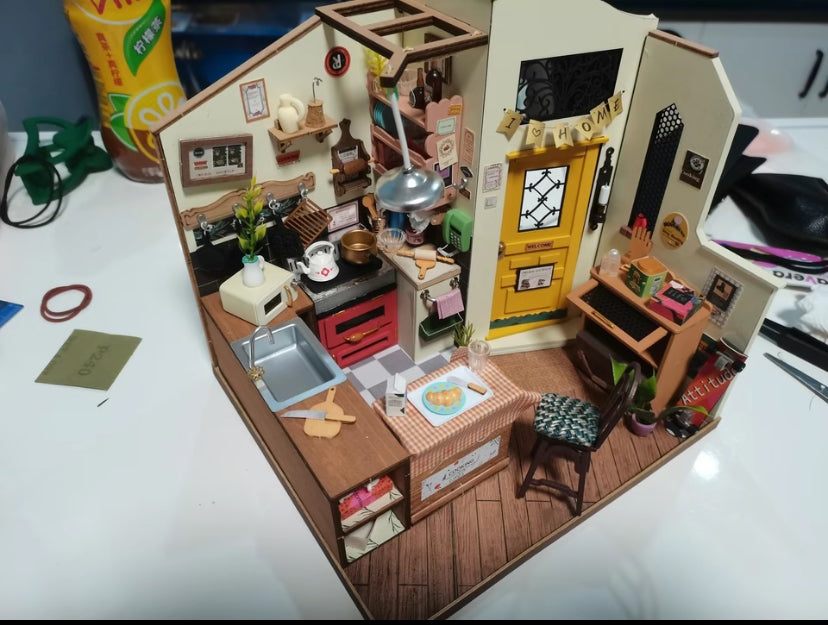 Robotime Rolife Handmade Puzzle Kit DG159 Cozy Kitchen 3D Diy Wooden Miniature Dollhouse