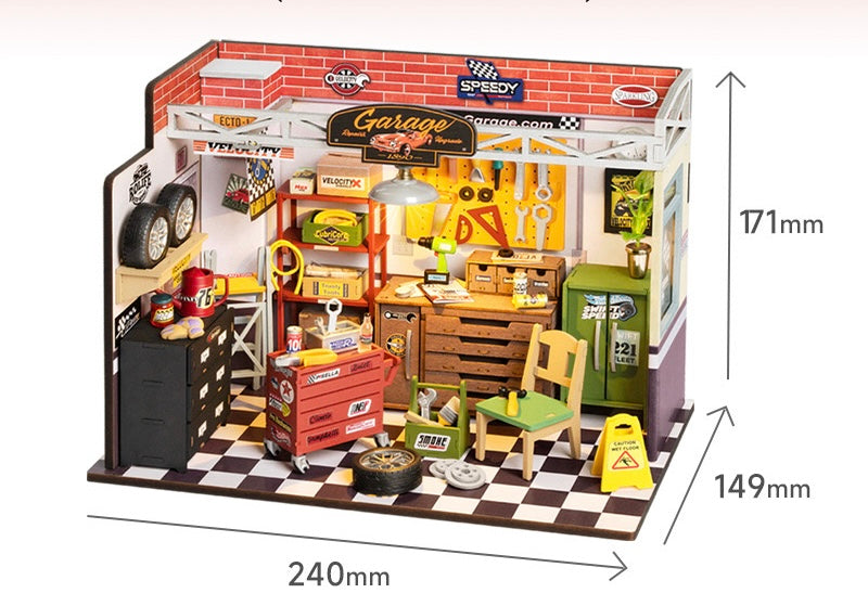 Robotime Rolife Garage Workshop with LED Light Dollhouse Miniature House Kit DIY Mini Decorative Wooden Craft Gifts for Children