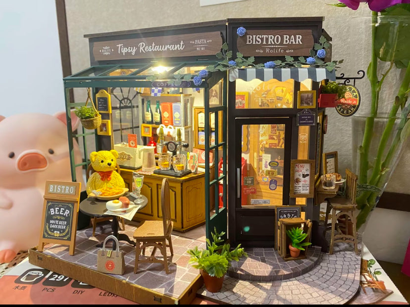 Robotime Rolife Tipsy Restaurant Miniature Dollhouse 3D Wooden Puzzle Bistro Bar Design Gifts for Family Home Decoration Toys