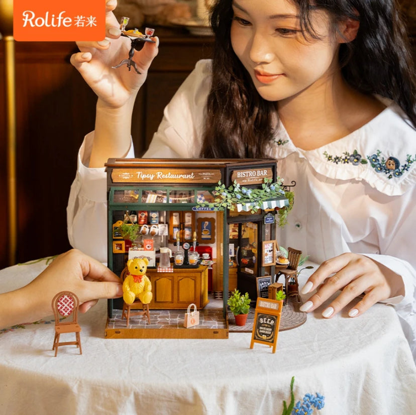 Robotime Rolife Tipsy Restaurant Miniature Dollhouse 3D Wooden Puzzle Bistro Bar Design Gifts for Family Home Decoration Toys