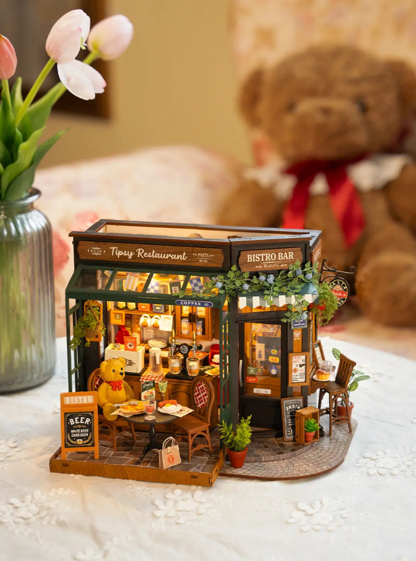 Robotime Rolife Tipsy Restaurant Miniature Dollhouse 3D Wooden Puzzle Bistro Bar Design Gifts for Family Home Decoration Toys