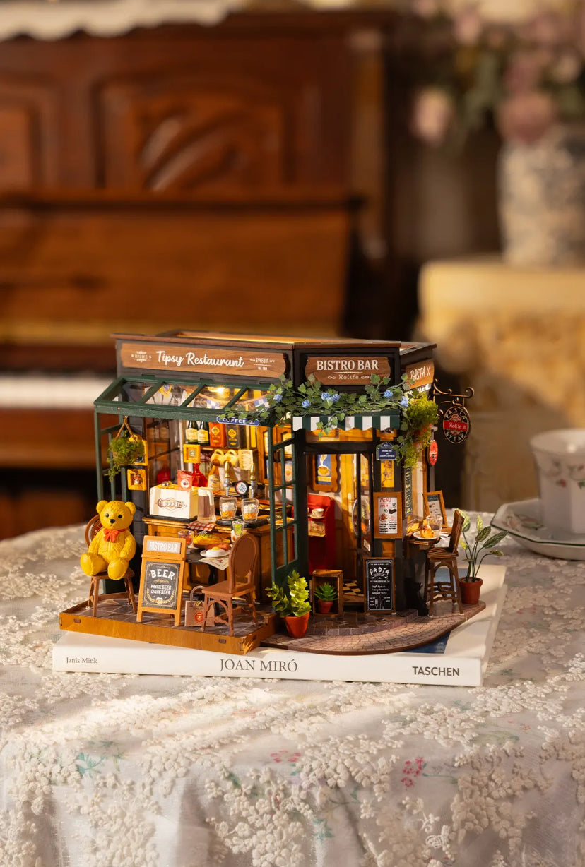 Robotime Rolife Tipsy Restaurant Miniature Dollhouse 3D Wooden Puzzle Bistro Bar Design Gifts for Family Home Decoration Toys