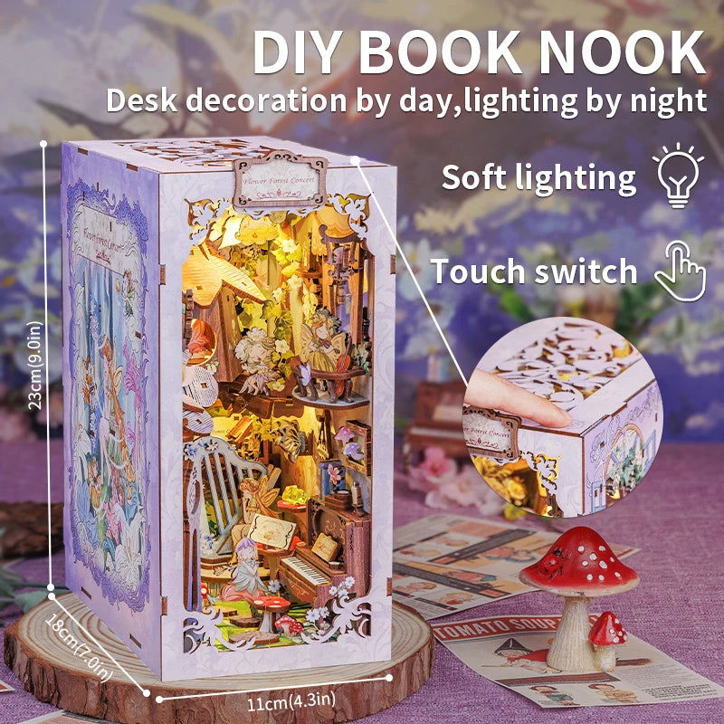 CUTEBEE DIY Book Nook Wooden Dollhouse with Light Dust Cover Bookshelf Insert Decor for Birthday Gifts Flower Forest Concert