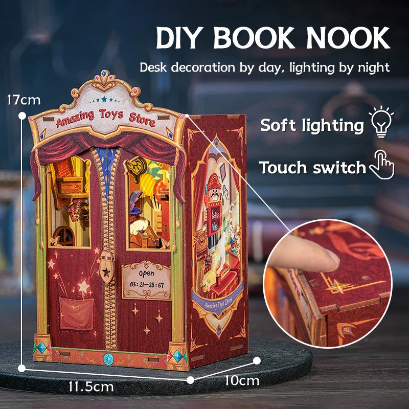 CUTEBEE Book Nook DIY Mini Dollhouse with Light Wooden Bookshelf Insert Amazing Toys Store Booknook Decor for Gifts 3D Puzzle