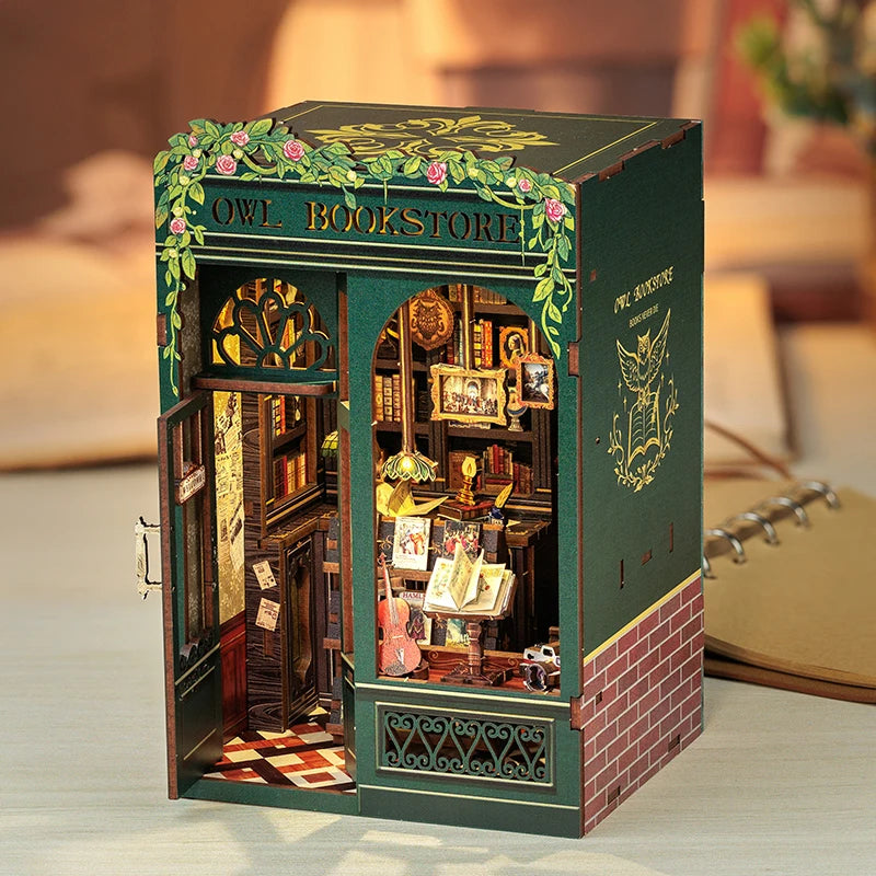 CUTEBEE Bookstore Book Nook DIY Miniature Wooden Dollhouse with Light Bookshelf Insert Kit Puzzle Assembly Model for Decor Gift