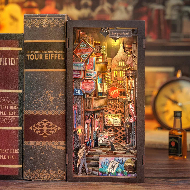 CUTEBEE DIY Book Nook Kit Miniature Dollhouse with Light Dust Cover Detective Bookshelf Insert for Craft Gift The Long Goodbye