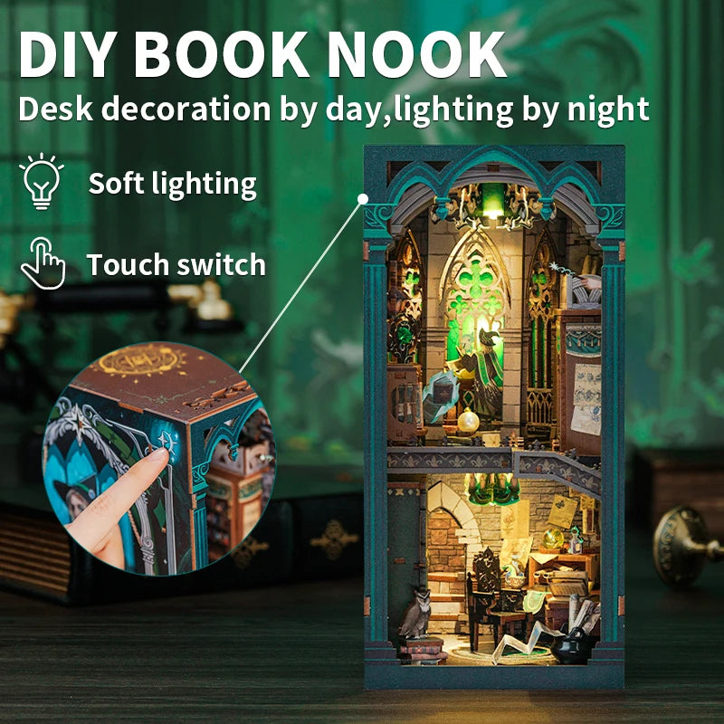 CUTEBEE Bookstore Book Nook DIY Miniature Wooden Dollhouse with Light Bookshelf Insert Kit Puzzle Assembly Model for Decor Gift