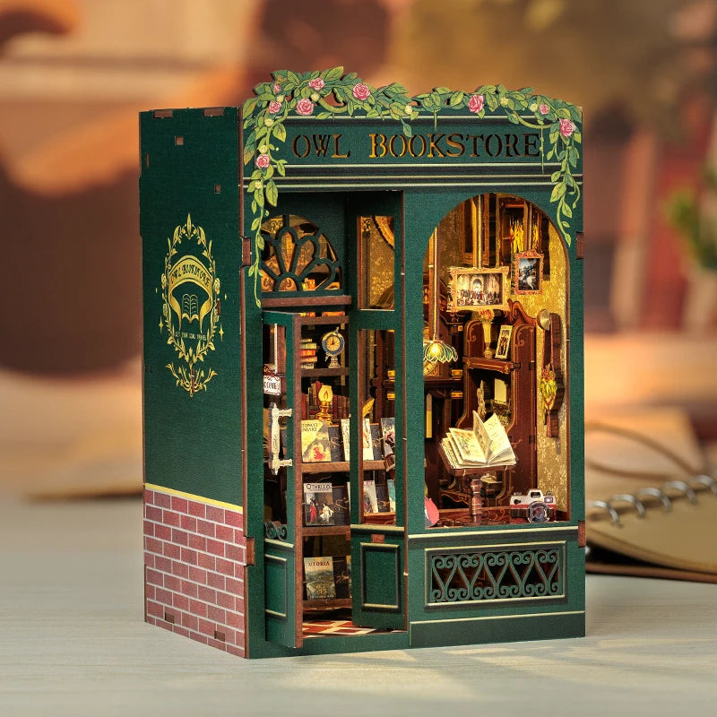 CUTEBEE Bookstore Book Nook DIY Miniature Wooden Dollhouse with Light Bookshelf Insert Kit Puzzle Assembly Model for Decor Gift