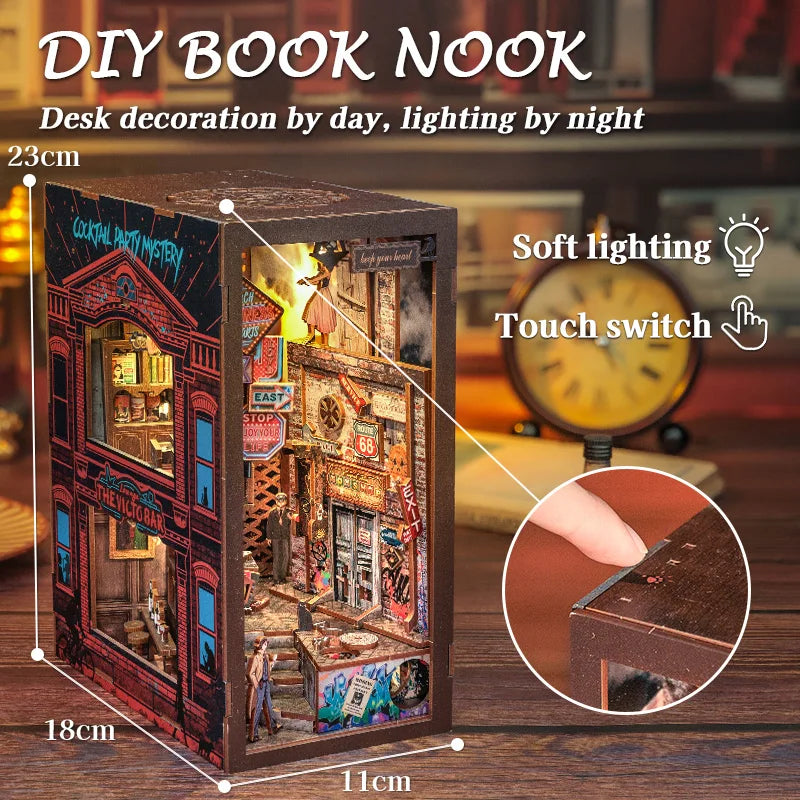 CUTEBEE DIY Book Nook Kit Miniature Dollhouse with Light Dust Cover Detective Bookshelf Insert for Craft Gift The Long Goodbye