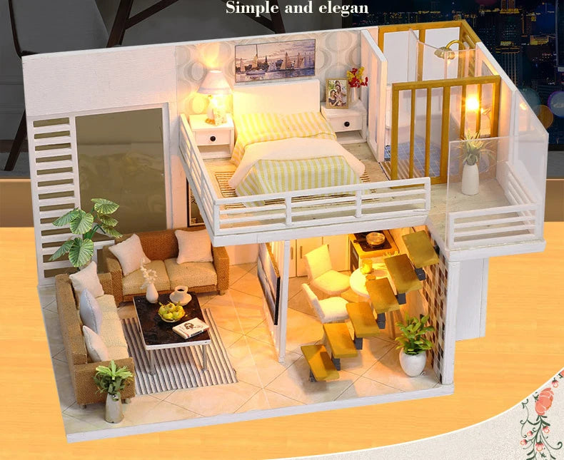 CUTEBEE-DIY Wooden Doll House Kit, Modern Miniature Dollhouse with Furniture Lights, Magic Roombox Toys, Birthday Gift