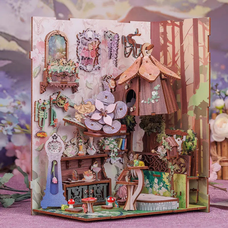 CUTEBEE DIY Book Nook Wooden Dollhouse with Light Dust Cover Bookshelf Insert Decor for Birthday Gifts Flower Forest Concert