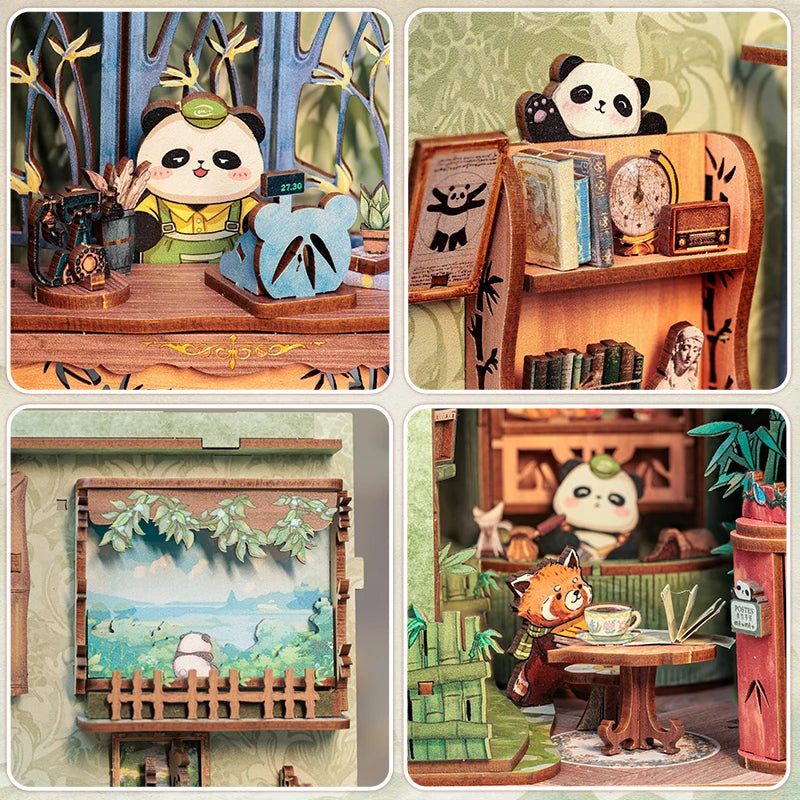 CUTEBEE DIY Book Nook Kit Cute Panda Bookshop Miniature Dollhouse with Light Dust Cover Bookshelf Insert for Craft Birthday Gift