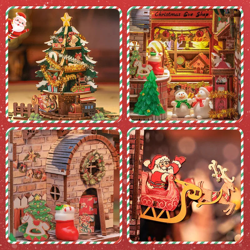 CUTEBEE DIY Christmas Wish Store Book Nook Kit Miniature Dollhouse with Light Dust Cover Bookshelf Insert for Christmas Gift