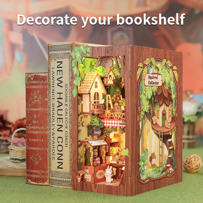 CUTEBEE Bookstore Book Nook DIY Miniature Wooden Dollhouse with Light Bookshelf Insert Kit Puzzle Assembly Model for Decor Gift