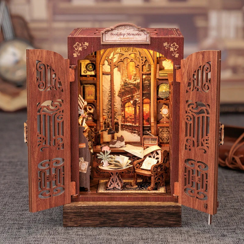 CUTEBEE Bookstore Book Nook DIY Miniature Wooden Dollhouse with Light Bookshelf Insert Kit Puzzle Assembly Model for Decor Gift