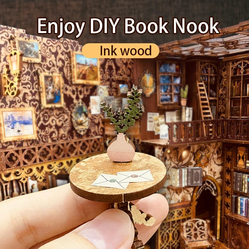 Cutebee DIY Miniature House Book Nook Bookshelf Insert Dollhouse Model Roombox Building Kit Wooden Bookshelf Toys Bookend Gifts