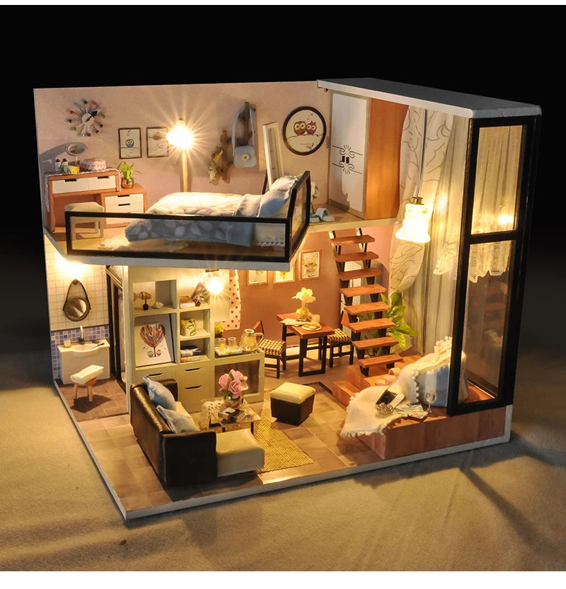 CUTEBEE-DIY Wooden Doll House Kit, Modern Miniature Dollhouse with Furniture Lights, Magic Roombox Toys, Birthday Gift