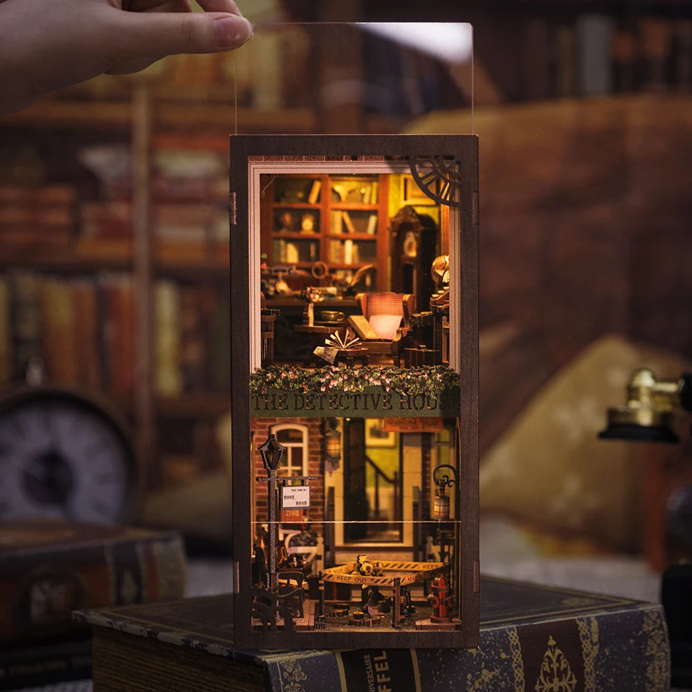 CUTEBEE Book Nook Miniature Doll House Kit Bookshelf Insert With Touch Light Dust Cover DIY Booknook Gifts Rose Detective Agency