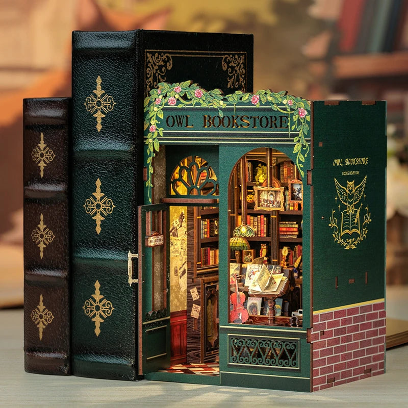 CUTEBEE Bookstore Book Nook DIY Miniature Wooden Dollhouse with Light Bookshelf Insert Kit Puzzle Assembly Model for Decor Gift