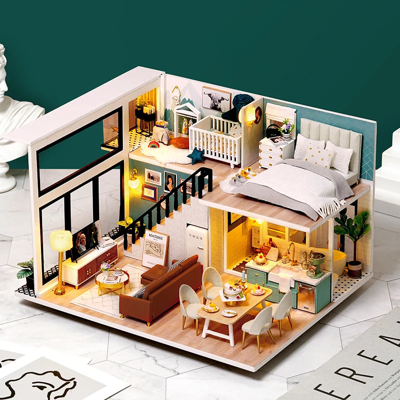 CUTEBEE-DIY Wooden Doll House Kit, Modern Miniature Dollhouse with Furniture Lights, Magic Roombox Toys, Birthday Gift