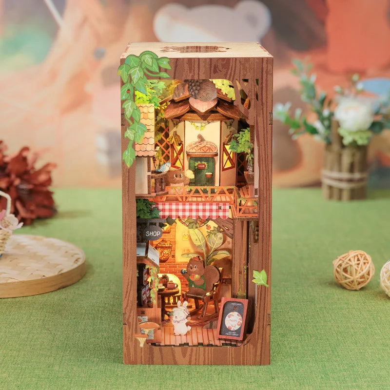 CUTEBEE Bookstore Book Nook DIY Miniature Wooden Dollhouse with Light Bookshelf Insert Kit Puzzle Assembly Model for Decor Gift