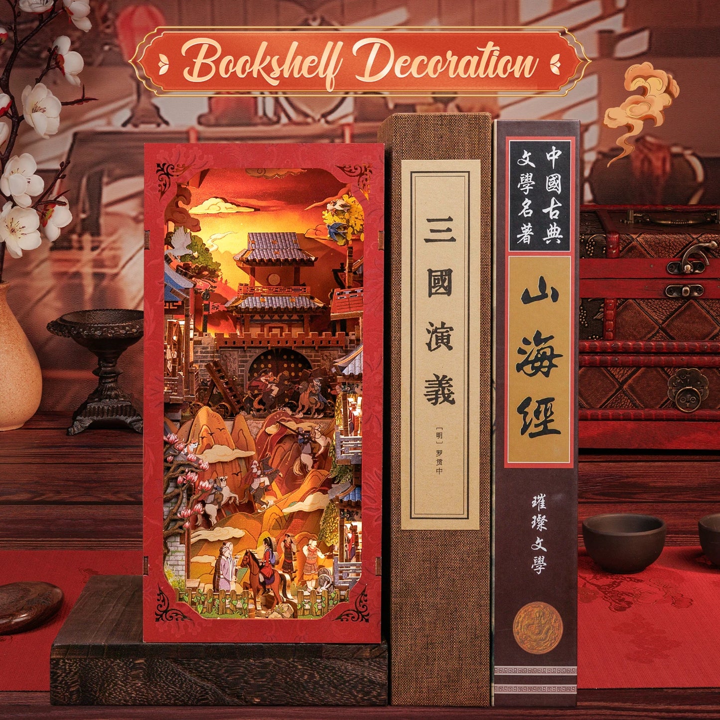 CUTEBEE DIY Book Nook Wooden Dollhouse with Light Dust Cover Chinese Style Bookshelf Insert Decor for Gift the Legend of Mulan