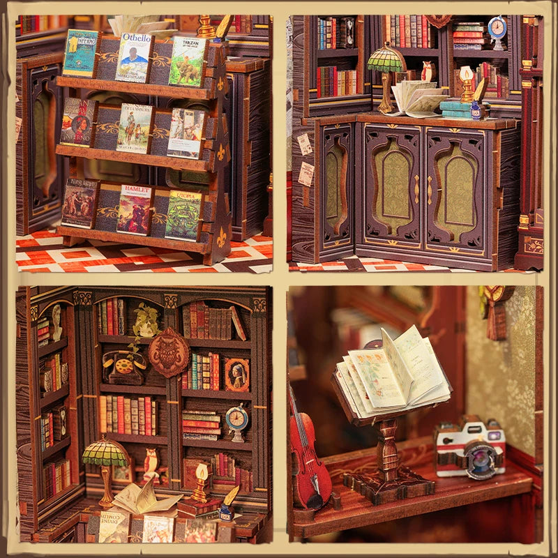 CUTEBEE Bookstore Book Nook DIY Miniature Wooden Dollhouse with Light Bookshelf Insert Kit Puzzle Assembly Model for Decor Gift