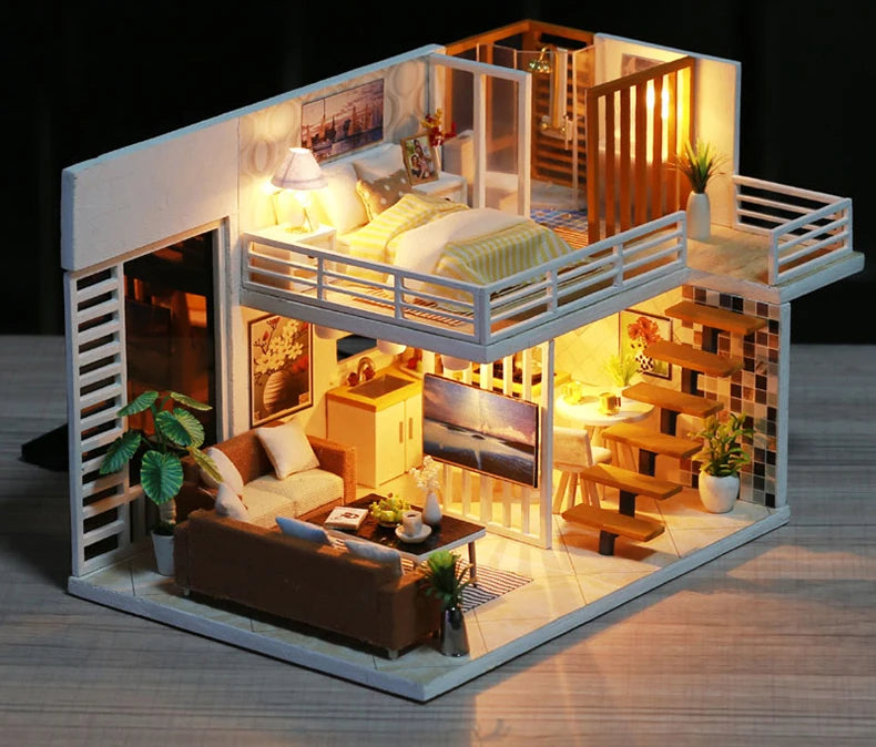 CUTEBEE-DIY Wooden Doll House Kit, Modern Miniature Dollhouse with Furniture Lights, Magic Roombox Toys, Birthday Gift