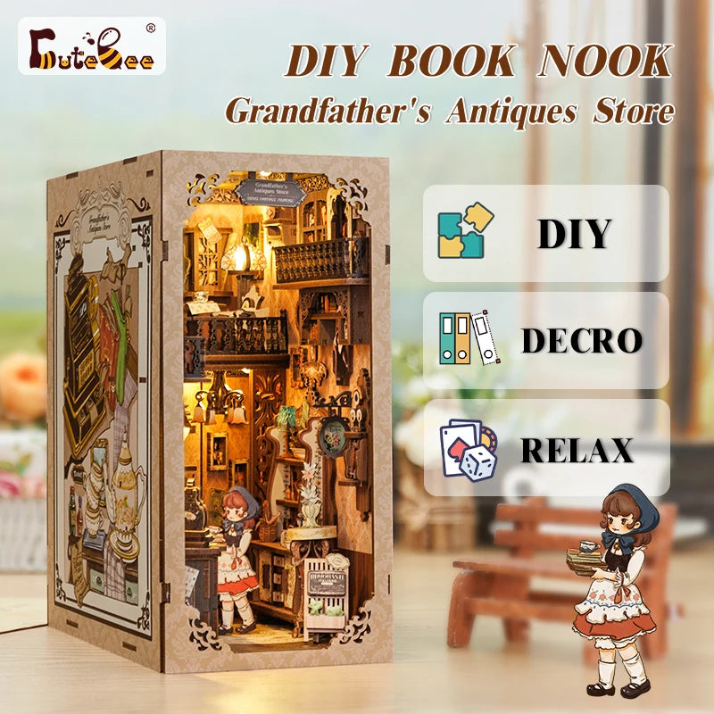 CUTEBEE Book Nook Kit DIY Doll House with LED Light Bookshelf Insert Eternal Bookstore Model Collection Series For Birthday Gift