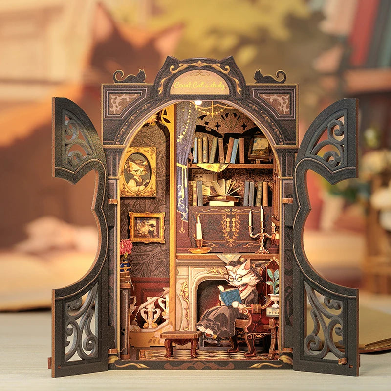 CUTEBEE Bookstore Book Nook DIY Miniature Wooden Dollhouse with Light Bookshelf Insert Kit Puzzle Assembly Model for Decor Gift