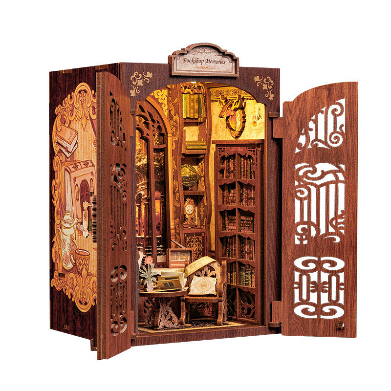 CUTEBEE DIY Book Nook Kit Miniature Dollhouse with Light Wooden Bookshelf Insert Retro Booknook Decor for Gifts Bookshop Series