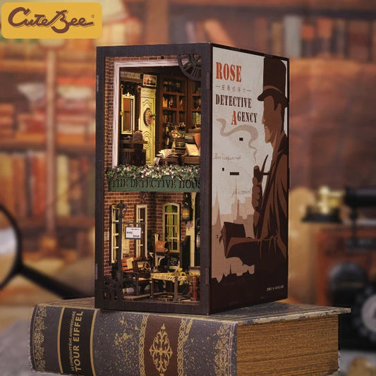 CUTEBEE Book Nook 3D Puzzle Miniature Doll House Kit With Touch Light Dust Cover DIY Booknook Toy Gifts Rose Detective Agency