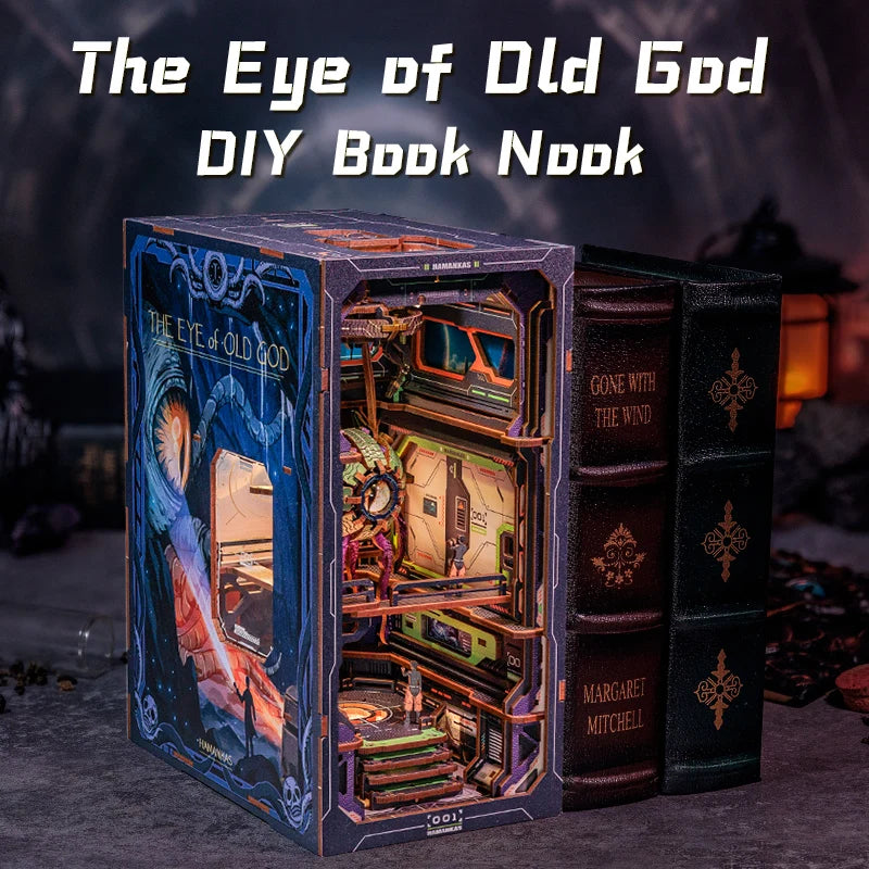 CUTEBEE DIY Book Nook Wooden Dollhouse with Light Dust Cover Bookshelf Insert 3D Puzzle Decor for Gift The Eye of Old God