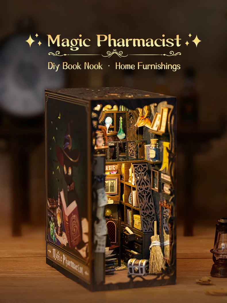 CUTEBEE DIY Book Nook Kit Miniature Dollhouse with Lights Magic Pharmacist Gift Ideas Bookshelf Insert For Birthday Gift