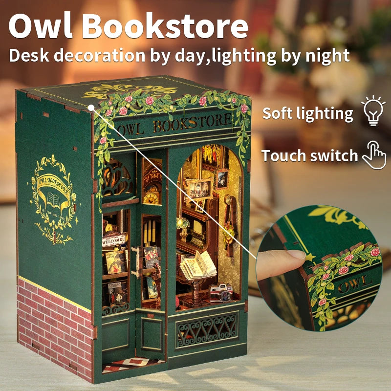 CUTEBEE Bookstore Book Nook DIY Miniature Wooden Dollhouse with Light Bookshelf Insert Kit Puzzle Assembly Model for Decor Gift