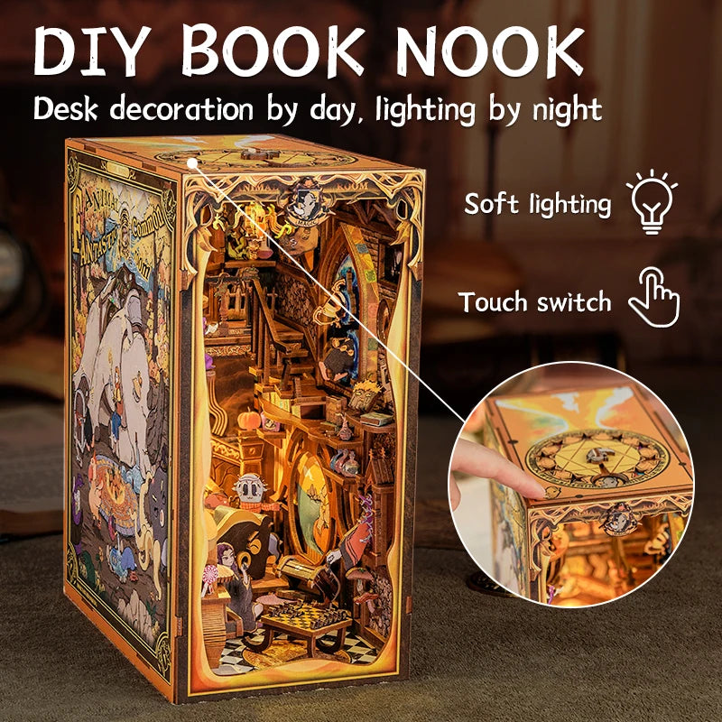 CUTEBEE DIY Book Nook Wooden Dollhouse with Touch Light Magic Theme Bookshelf Insert Decor for Gift Fantastic Animal Common Room