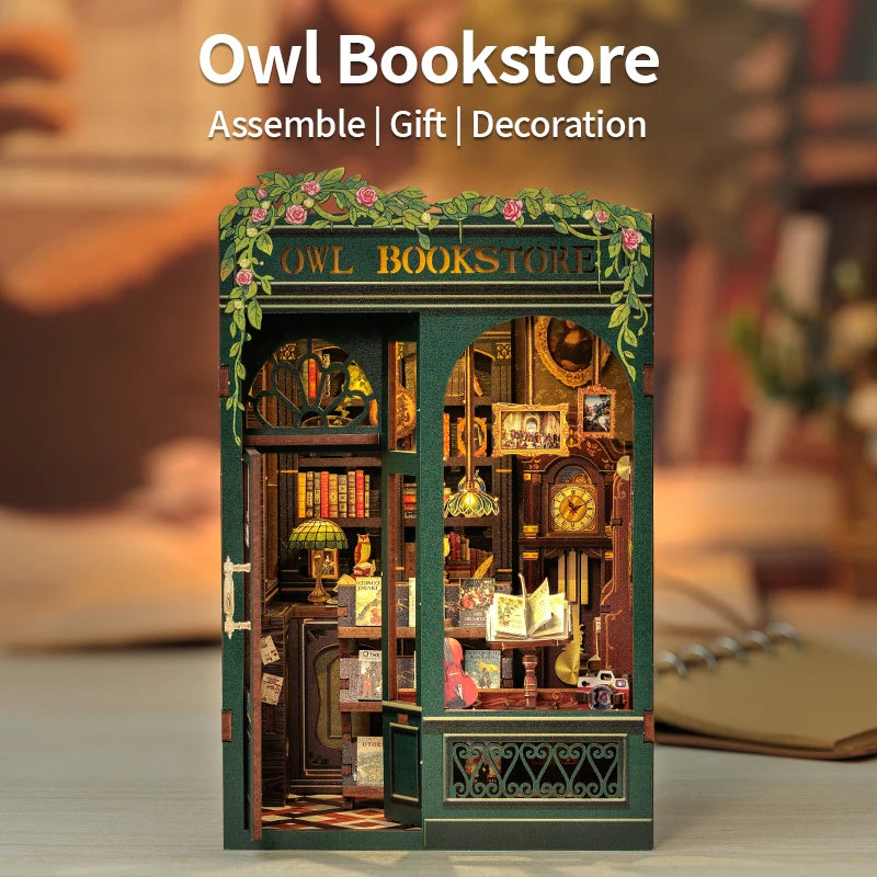 CUTEBEE Bookstore Book Nook DIY Miniature Wooden Dollhouse with Light Bookshelf Insert Kit Puzzle Assembly Model for Decor Gift